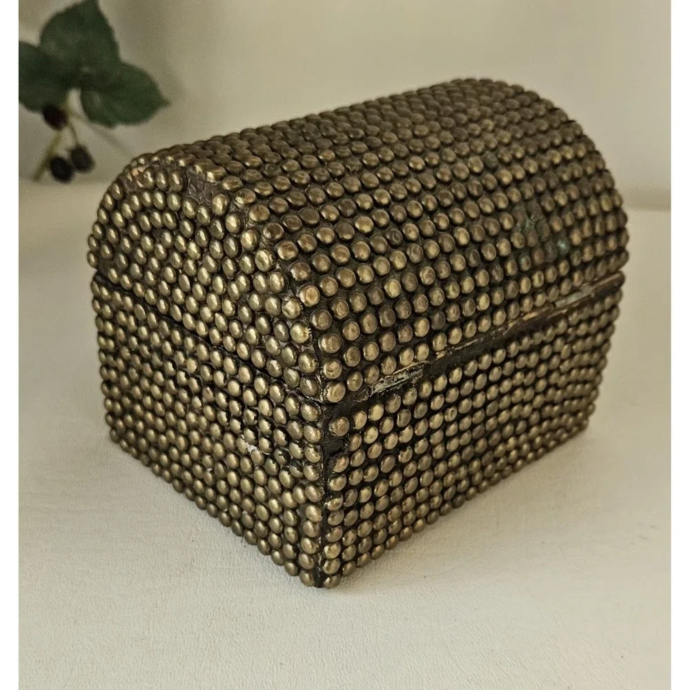 Vintage Brass Hobnail Wood Barrel Top Trinket Box 5